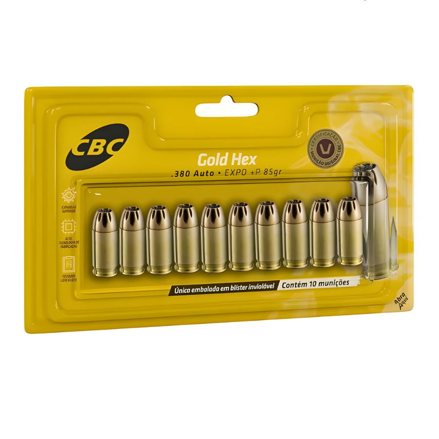 MUNIÇÃO CBC .380 AUTO +P EXPO 85GR GOLD HEX
